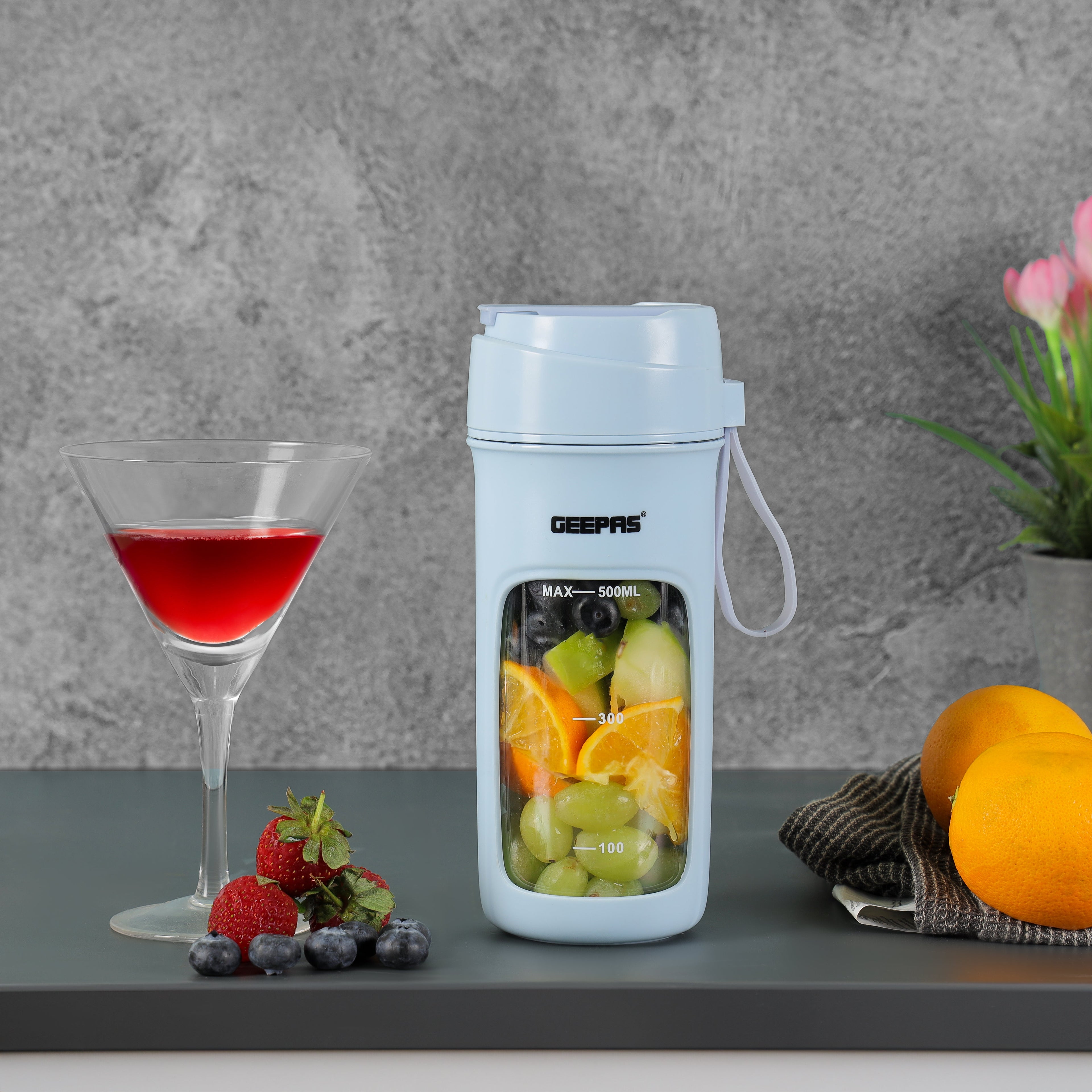 Geepas Rechargeable Portable Blender | 500ml Capacity | 50W | 6 Sharp Stainless Steel Blades | Safety Lock Design | USB Rechargeable Battery