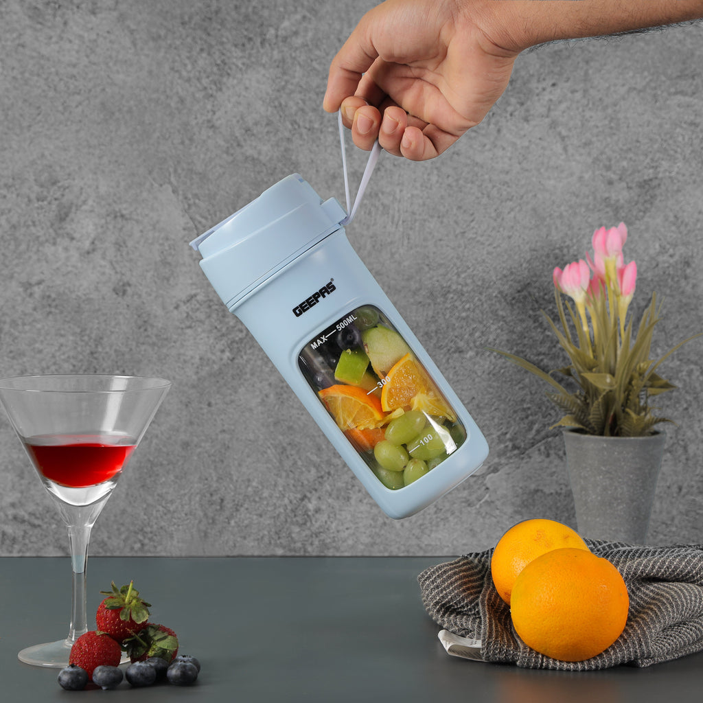 Geepas Rechargeable Portable Blender | 500ml Capacity | 50W | 6 Sharp Stainless Steel Blades | Safety Lock Design | USB Rechargeable Battery