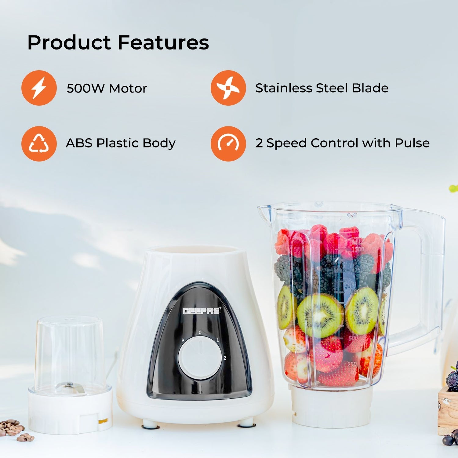 Geepas 500W 2 in 1 Blender - Stainless Steel Blades, 2 Speed Control with Pulse | Overheat Protection| Ice Crusher, Chopper, Coffee Grinder & More