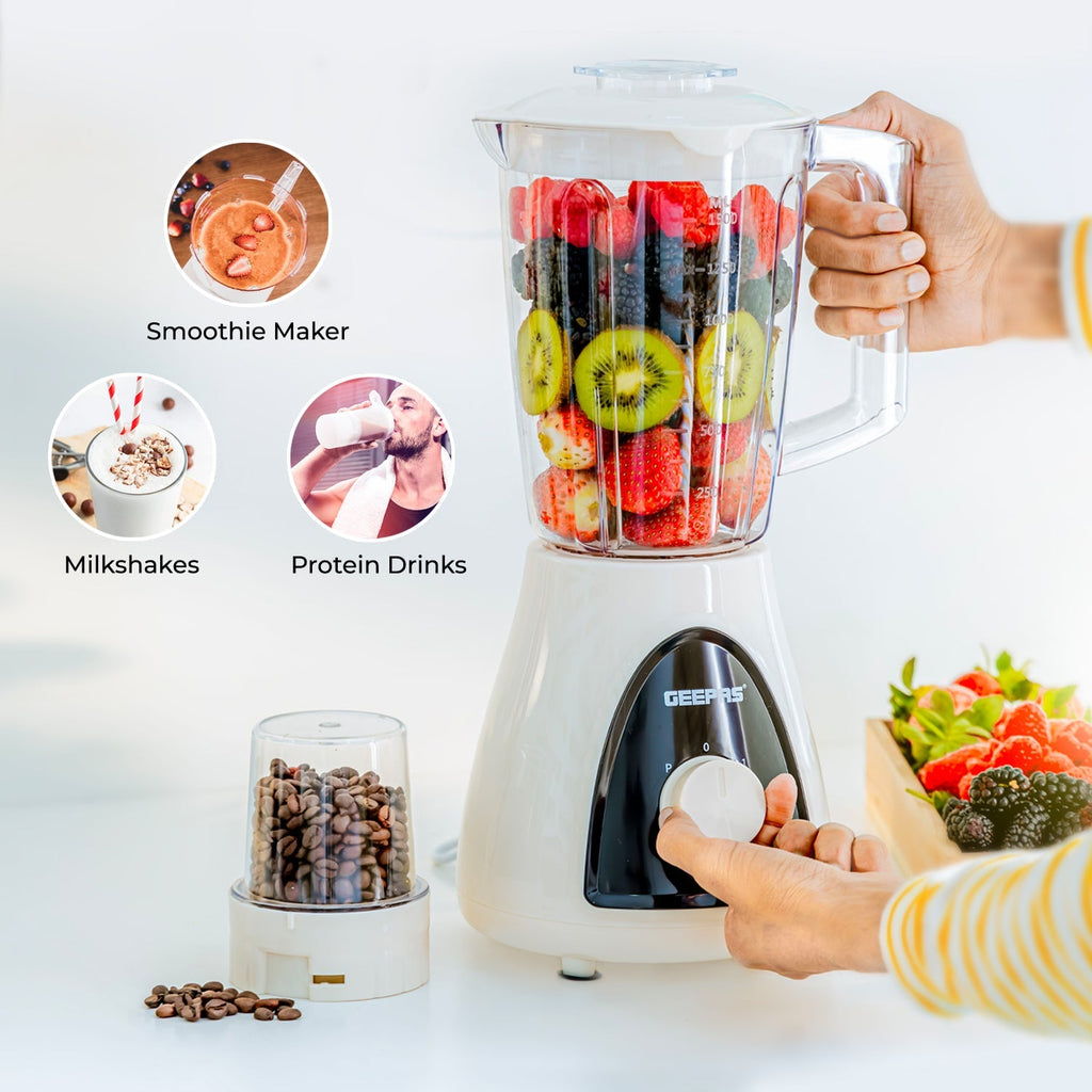 Geepas 500W 2 in 1 Blender - Stainless Steel Blades, 2 Speed Control with Pulse | Overheat Protection| Ice Crusher, Chopper, Coffee Grinder & More