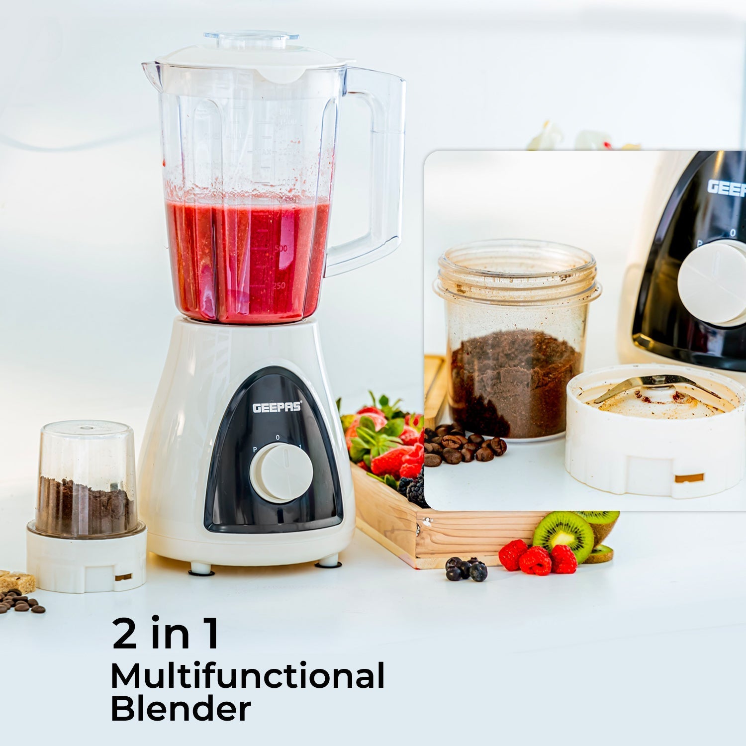 Geepas 500W 2 in 1 Blender - Stainless Steel Blades, 2 Speed Control with Pulse | Overheat Protection| Ice Crusher, Chopper, Coffee Grinder & More