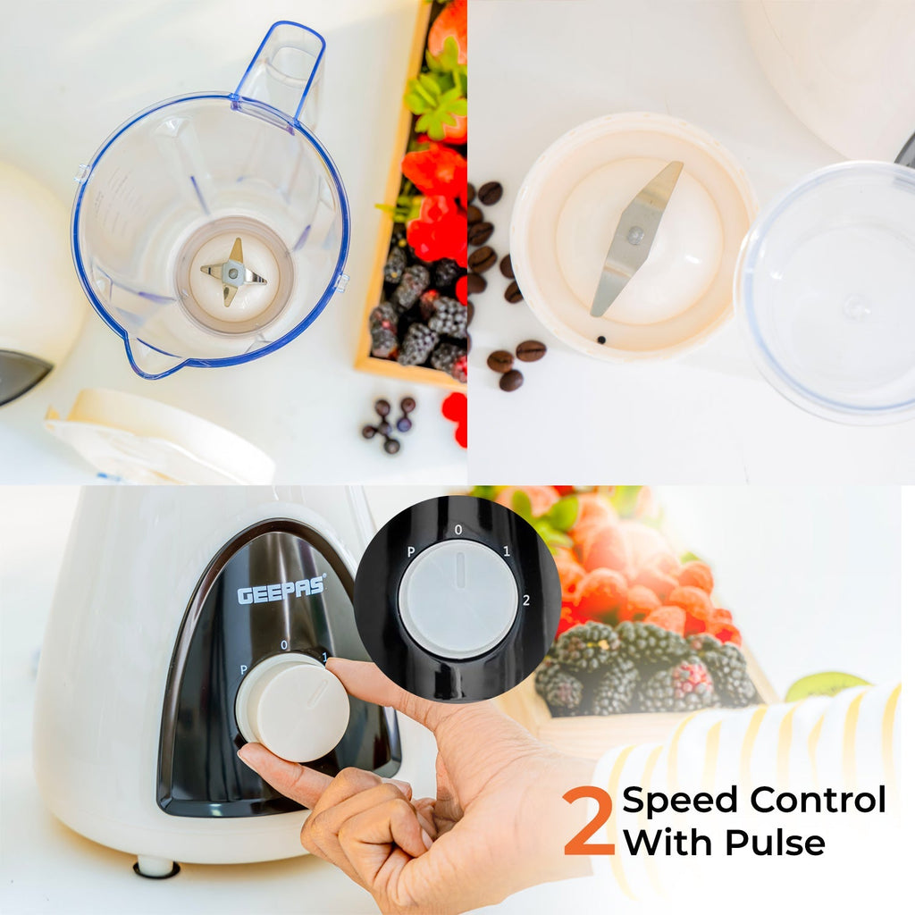 Geepas 500W 2 in 1 Blender - Stainless Steel Blades, 2 Speed Control with Pulse | Overheat Protection| Ice Crusher, Chopper, Coffee Grinder & More