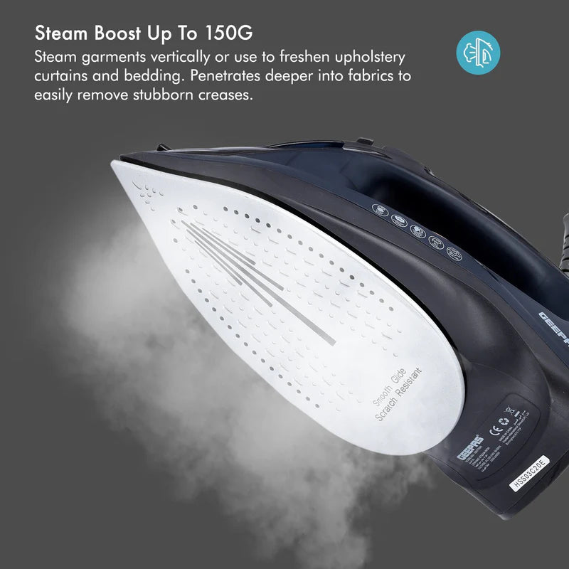 Geepas Ceramic Steam Iron â?? 2400W, 220ml Tank, Ceramic Soleplate, Self-Cleaning, Temp Control