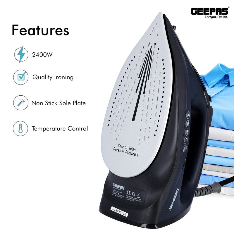 Geepas Ceramic Steam Iron â?? 2400W, 220ml Tank, Ceramic Soleplate, Self-Cleaning, Temp Control