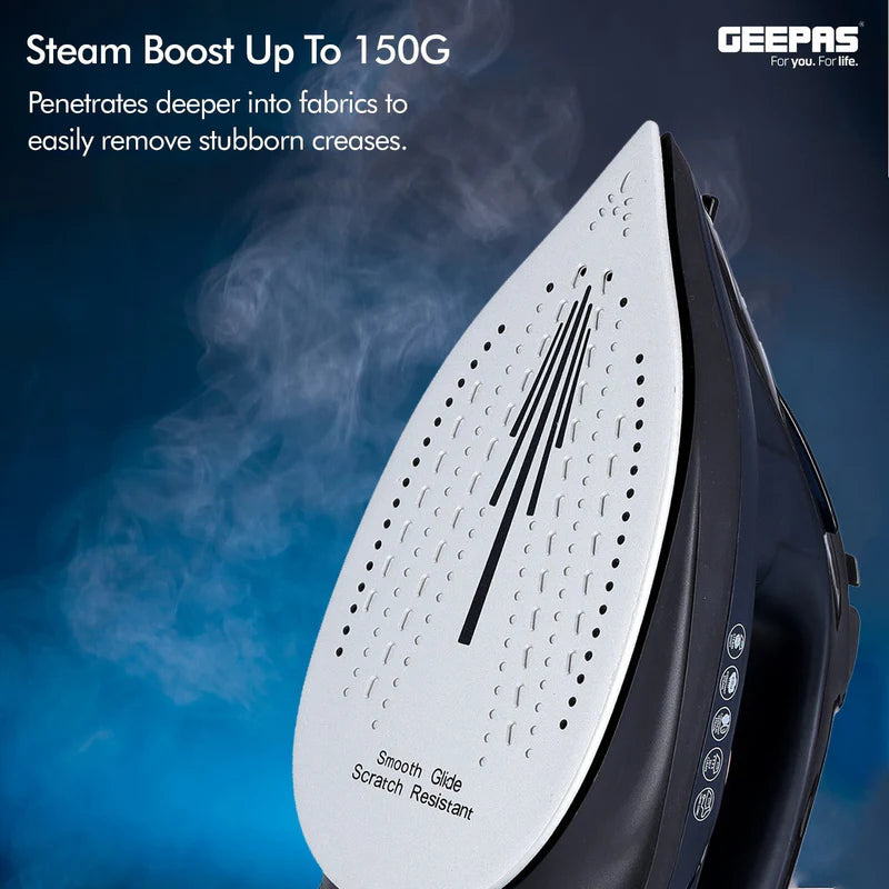 Geepas Ceramic Steam Iron â?? 2400W, 220ml Tank, Ceramic Soleplate, Self-Cleaning, Temp Control