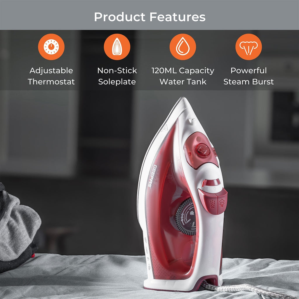 Geepas  Steam Iron â?? Non-Stick Soleplate, Comfortable Handle, 120ml Water Tank, Multi-Function