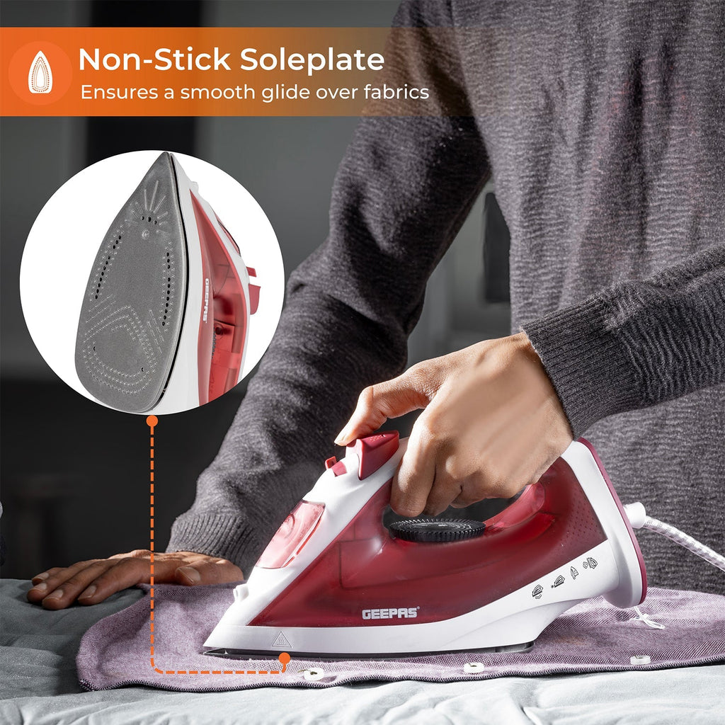 Geepas  Steam Iron â?? Non-Stick Soleplate, Comfortable Handle, 120ml Water Tank, Multi-Function