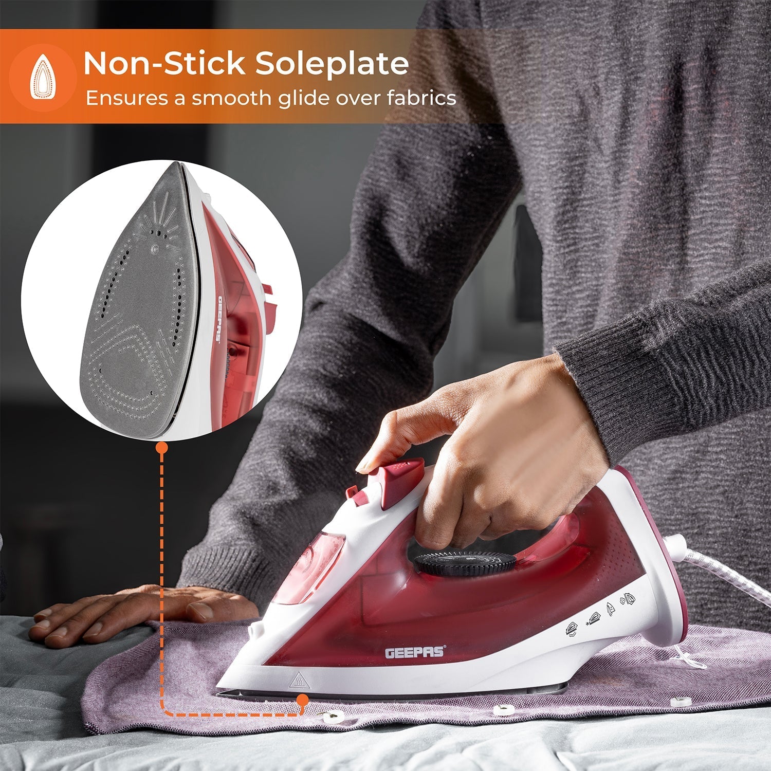 Geepas  Steam Iron â?? Non-Stick Soleplate, Comfortable Handle, 120ml Water Tank, Multi-Function
