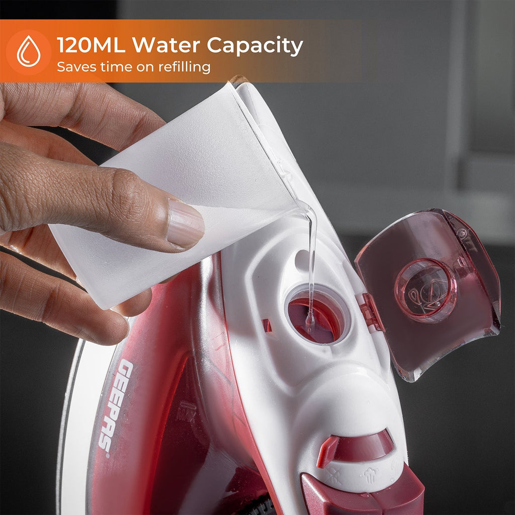 Geepas  Steam Iron â?? Non-Stick Soleplate, Comfortable Handle, 120ml Water Tank, Multi-Function