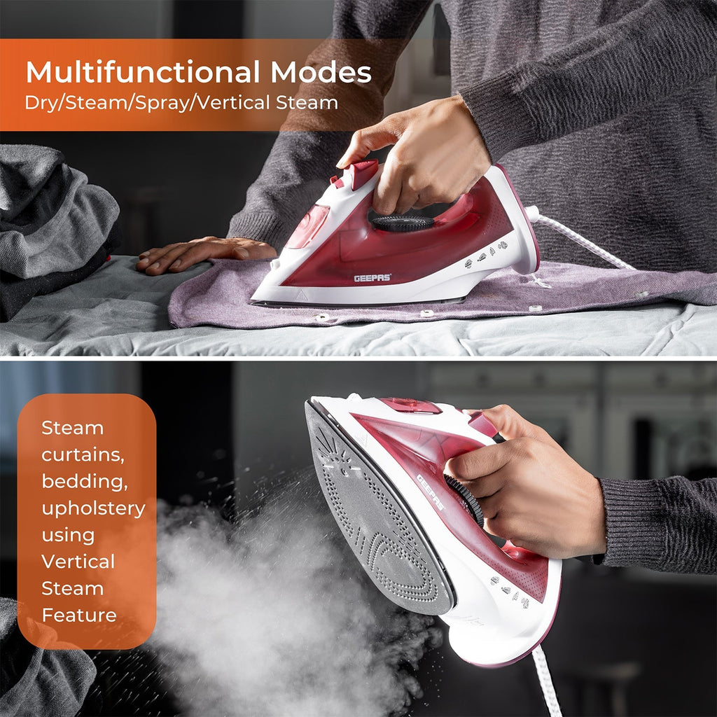 Geepas  Steam Iron â?? Non-Stick Soleplate, Comfortable Handle, 120ml Water Tank, Multi-Function