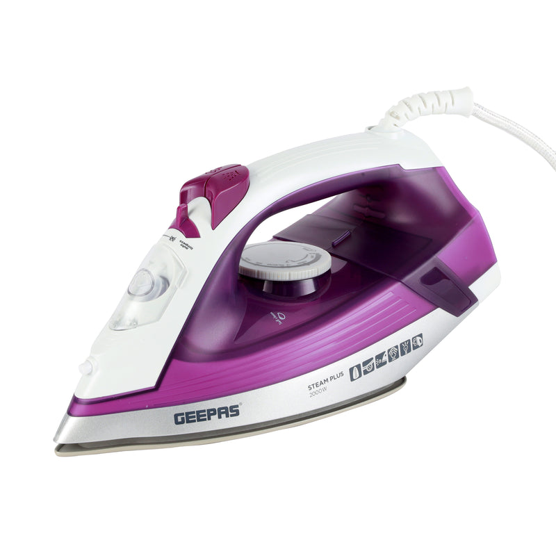 Geepas Ceramic Steam Iron – 2000W Power, 220ml Water Tank, Adjustable Steam Control, 360° Swivel Cord, Self-Cleaning & Anti-Drip Function
