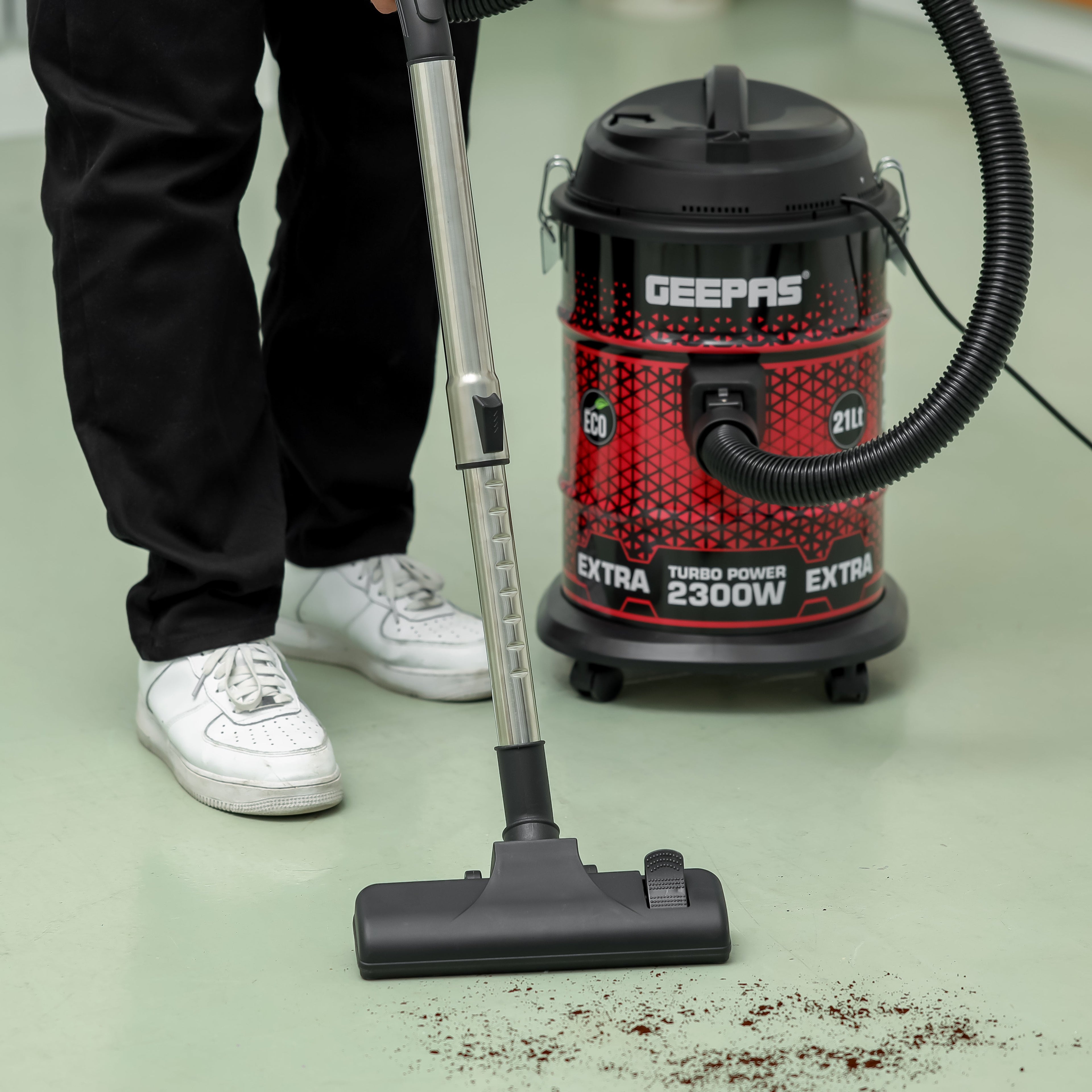 Geepas Drum Vacuum Cleaner â?? 2300W, 21L Iron Tank, Dry & Blow, High Efficiency, Dust Indicator