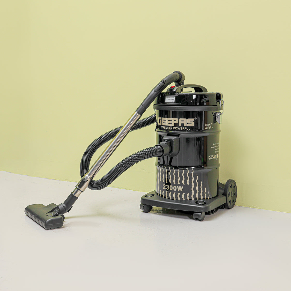 Geepas 2300 W Drum Vacuum Cleaner , 25 L Dust Bag Capacity with Elegant Body , Iron Tank , Powerful Suction ,Dry and Blow Function , Full Indicator