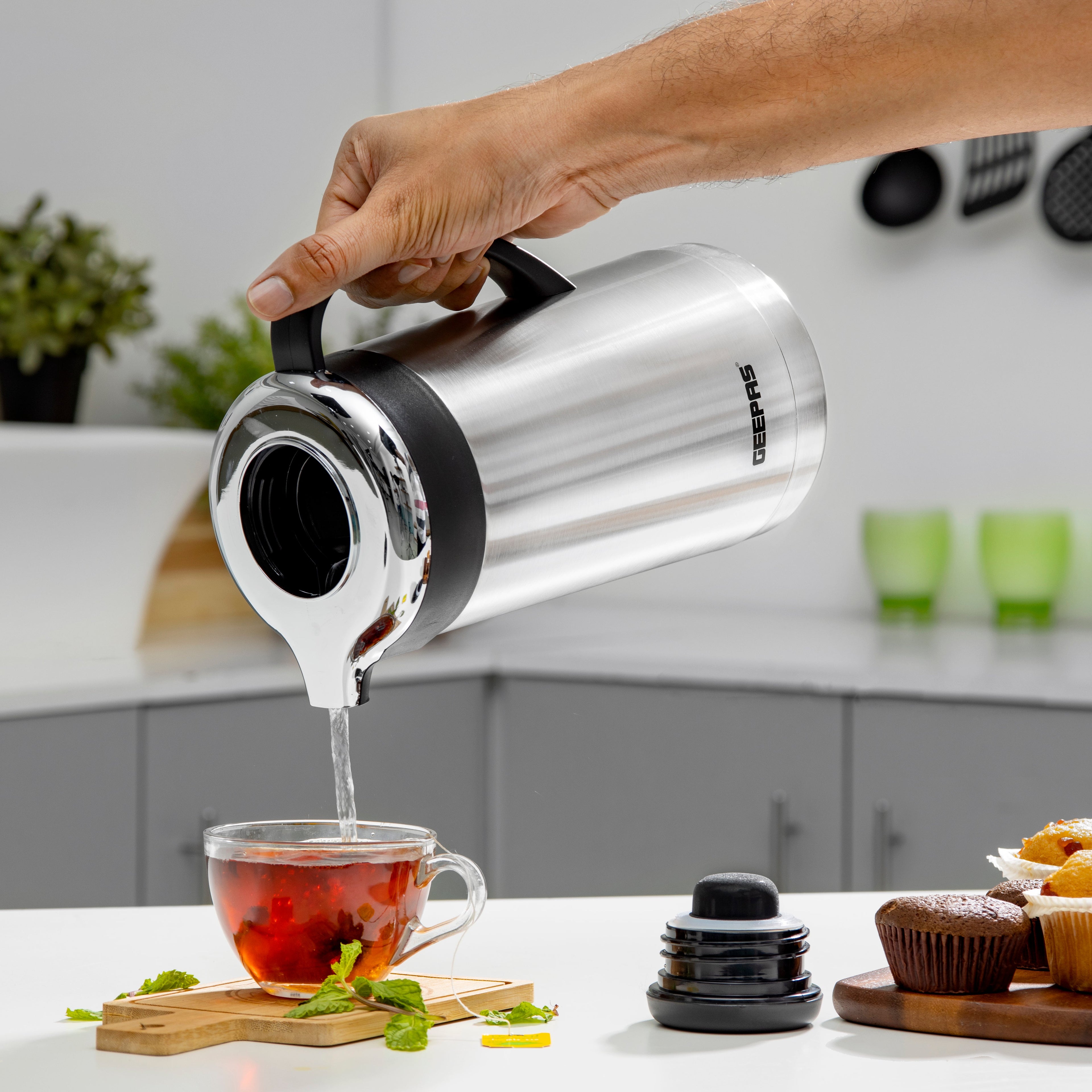Geepas Stainless Steel Vacuum Flask | 1.3 L| Double Wall Insulation Keeps Beverages Hot & Cold for Long Hours | Leak Proof | Easy to Clean