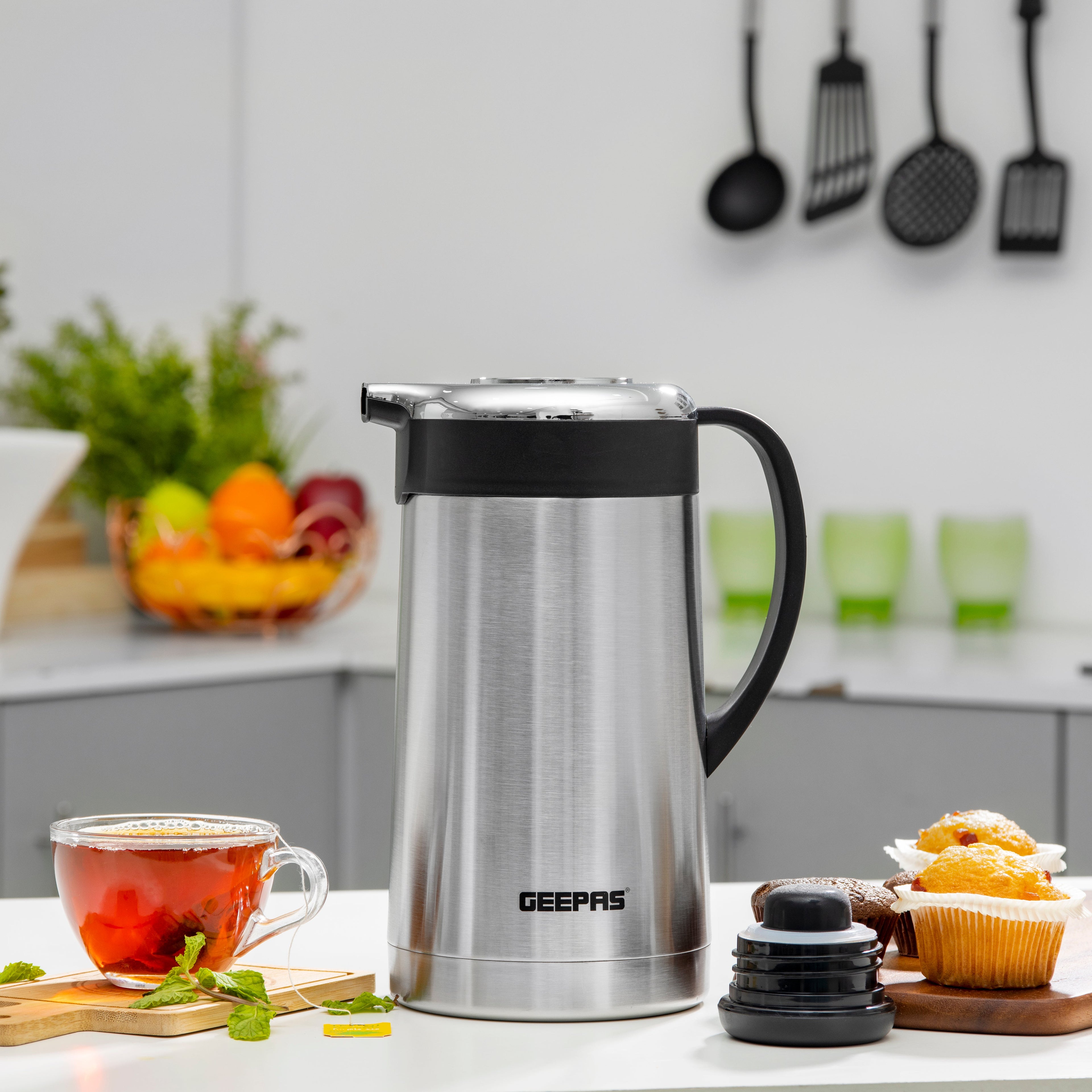 Geepas Stainless Steel Vacuum Flask | 1.3 L| Double Wall Insulation Keeps Beverages Hot & Cold for Long Hours | Leak Proof | Easy to Clean