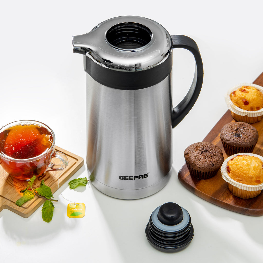 Geepas Stainless Steel Vacuum Flask | 1.3 L| Double Wall Insulation Keeps Beverages Hot & Cold for Long Hours | Leak Proof | Easy to Clean