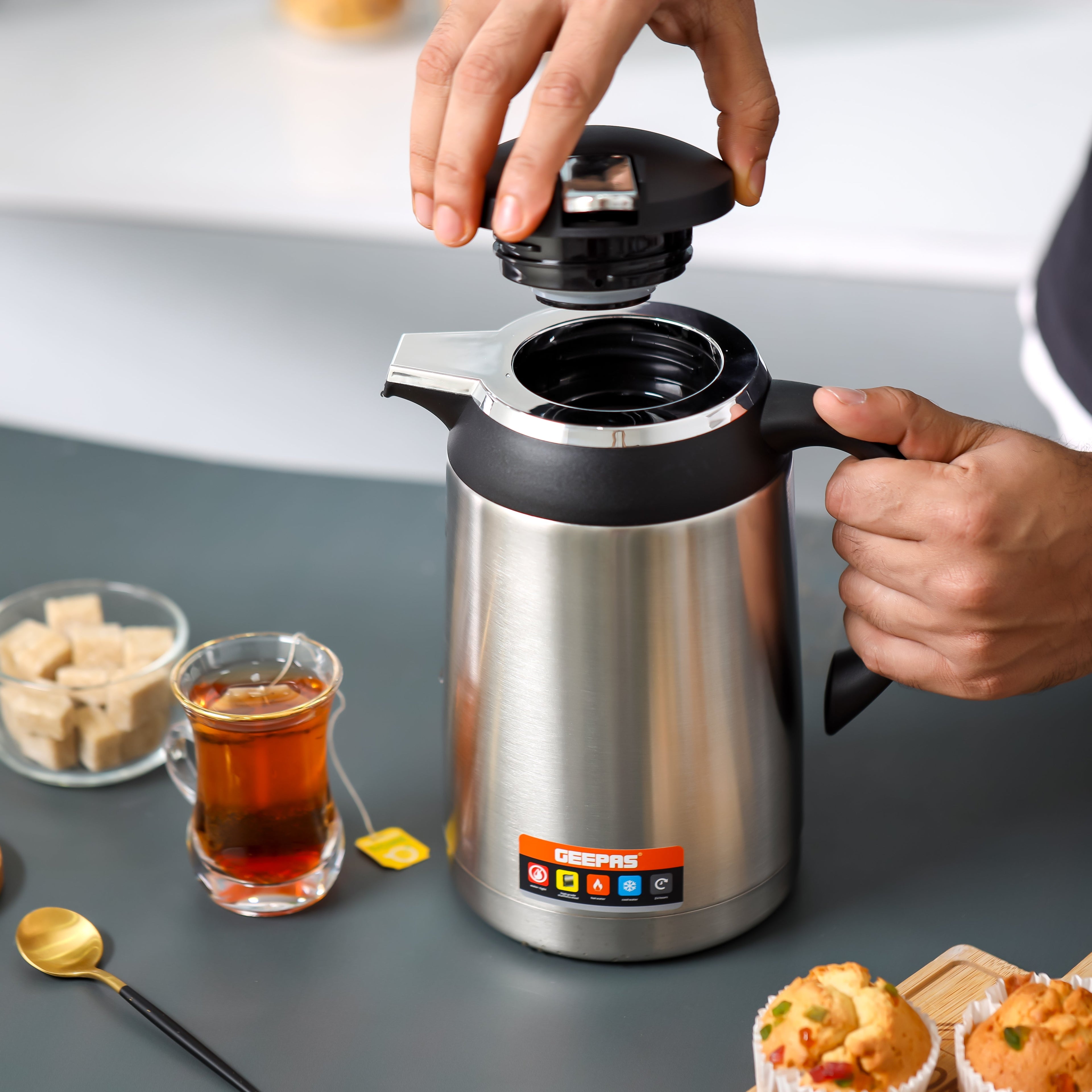 Geepas 1.3 L Stainless Steel Vacuum Flask | Keeps Beverages Hot & Cold for 24H |Easy to Carry, Comfortable Grip | Perfect for Home, Office, Camping