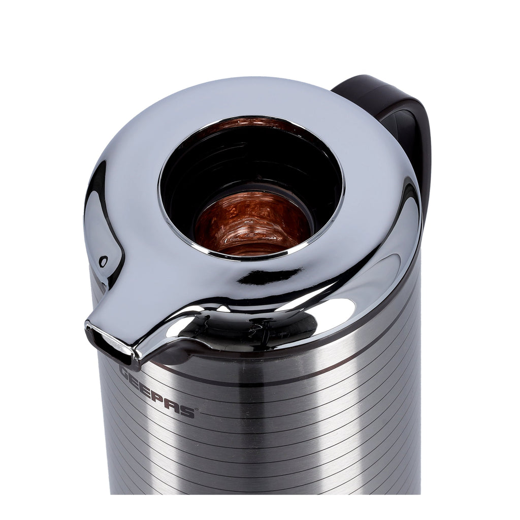 Geepas Vacuum Flask | 1.3L Capacity | Hot & Cold Beverage Insulation | Durable Plastic, Iron, Glass, Silica Gel Material | Mirror & Brown Finish | Leak-Proof Design