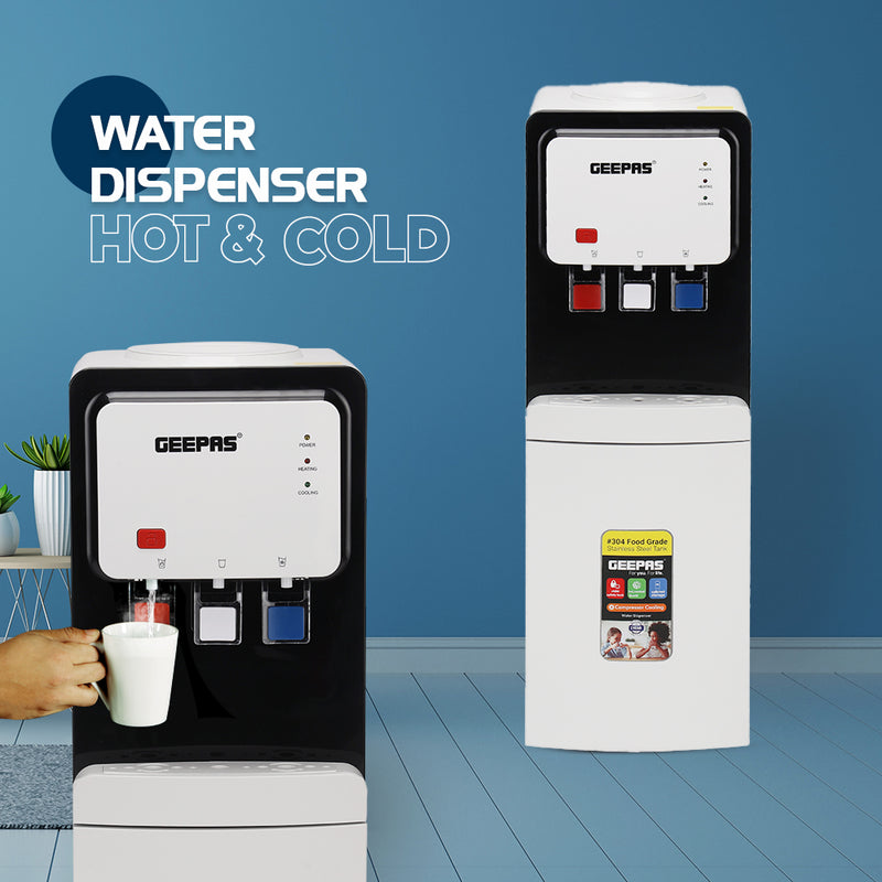 Geepas Water Dispenser, Hot, Cold & Normal Water, Stainless Steel Tank with Storage Cabinet