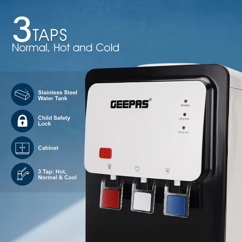 Geepas Water Dispenser, Hot, Cold & Normal Water, Stainless Steel Tank with Storage Cabinet