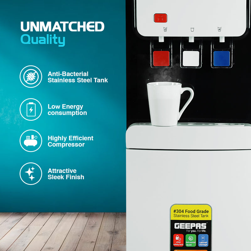 Geepas Water Dispenser, Hot, Cold & Normal Water, Stainless Steel Tank with Storage Cabinet