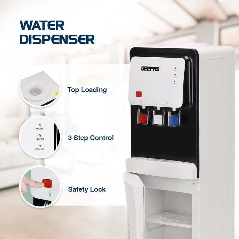 Geepas Water Dispenser, Hot, Cold & Normal Water, Stainless Steel Tank with Storage Cabinet