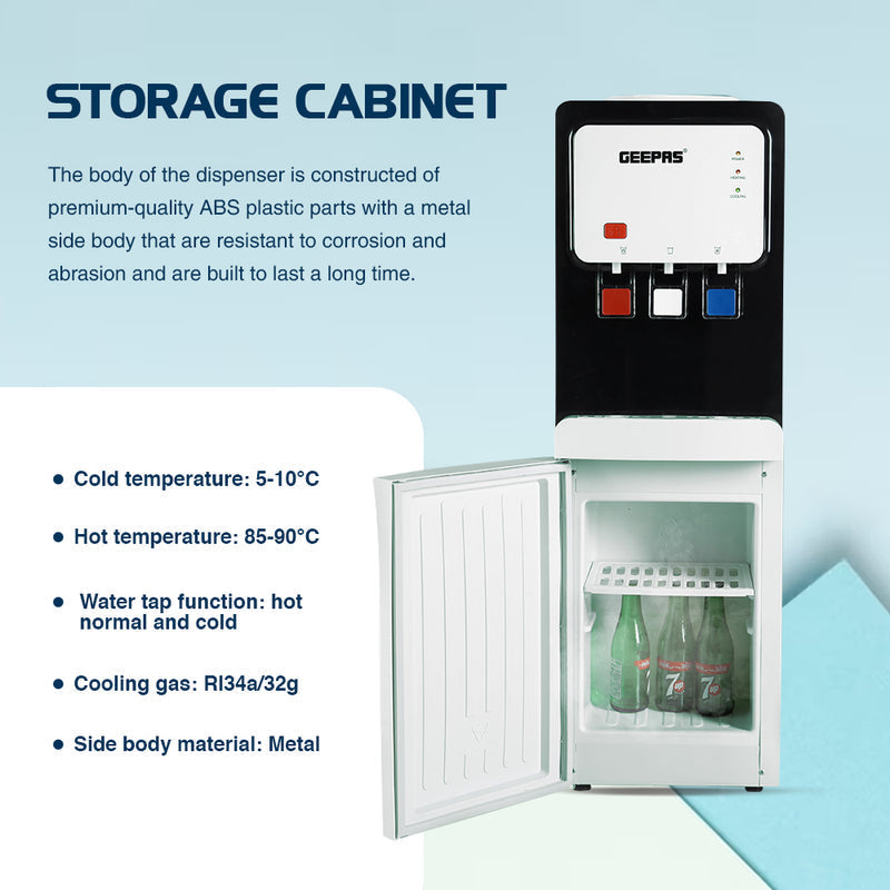 Geepas Water Dispenser, Hot, Cold & Normal Water, Stainless Steel Tank with Storage Cabinet