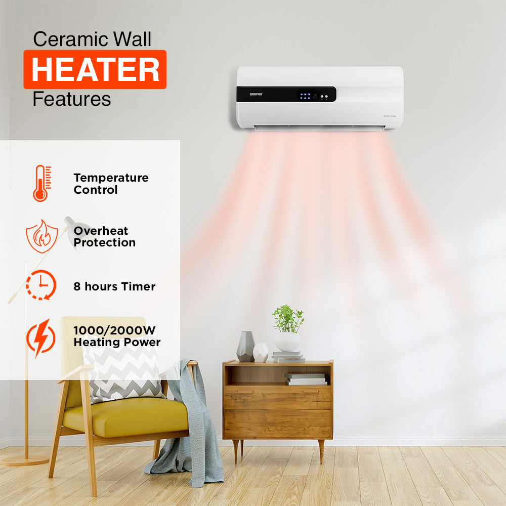 Geepas PTC Ceramic Wall Heater | LED Display | Adjustable Thermostat | 2 Heat Settings | Remote Control | Overheat Protection | 8 Hour Timer for Home & Office