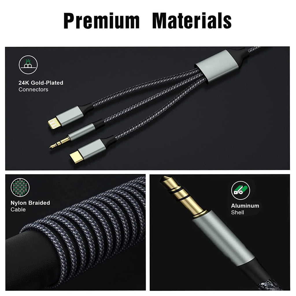 Asli Global Powertriflex Audio 3-In-1 Braided 3.5Mm Aux Audio Cable | Black