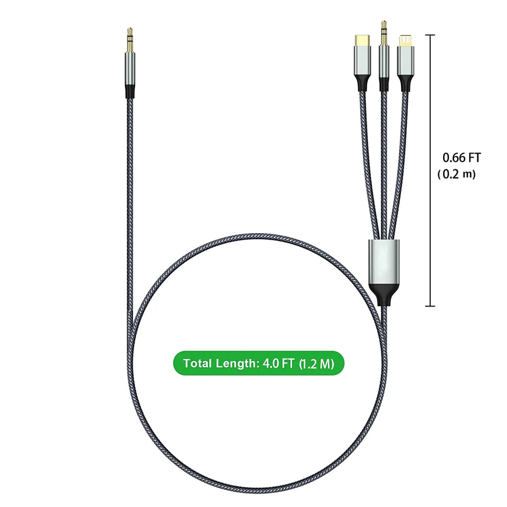 Asli Global Powertriflex Audio 3-In-1 Braided 3.5Mm Aux Audio Cable | Black
