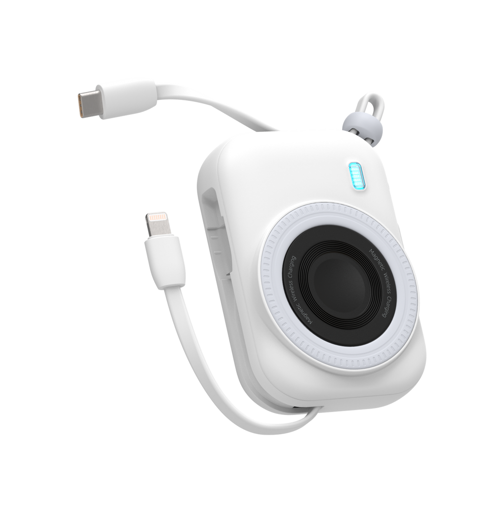 LZEL PentaEnergia Station - 5X 10,000mAh Wireless Power Bank Charging Dock with Colorful Batteries & Built-in Cable | White