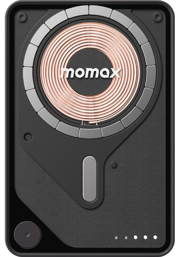 Momax Power X Pro Magnetic Wireless Power Bank â€“ 5000 mAh, Includes Kickstand & Built-in USB-C Cable | Black