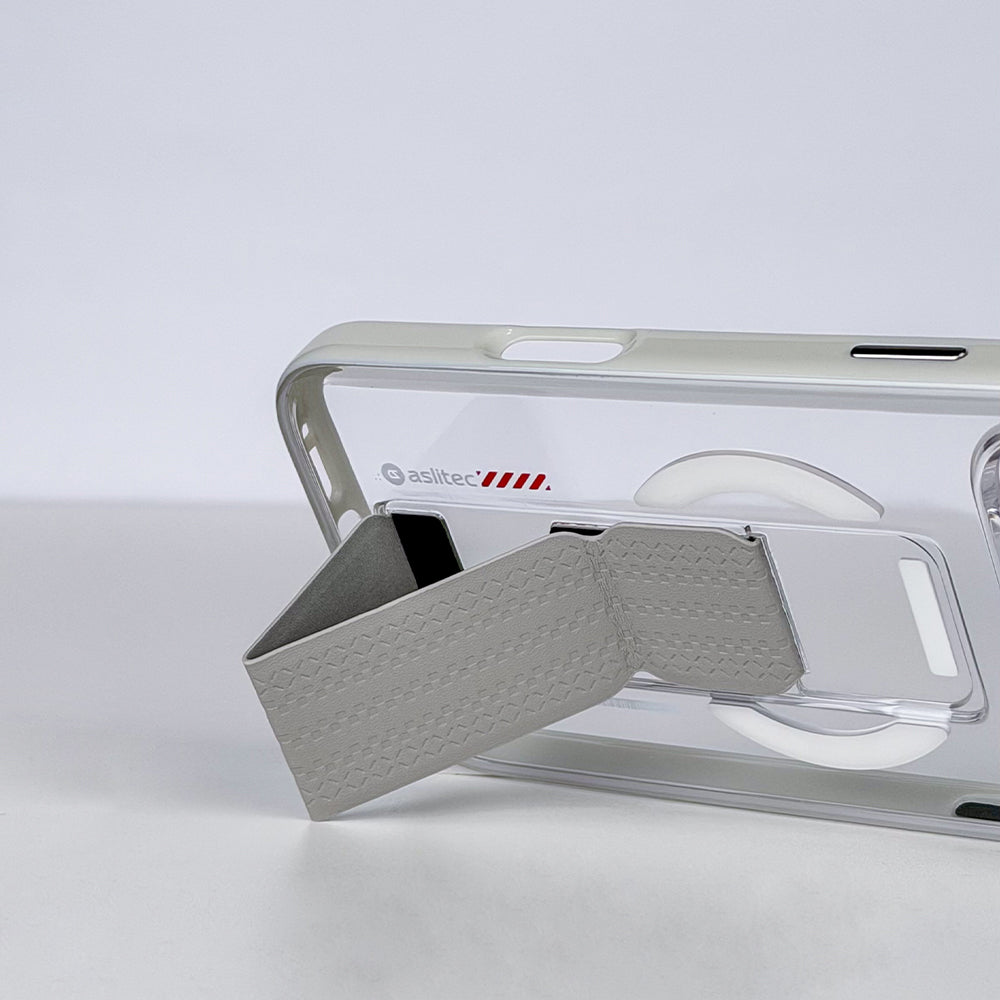 aslitec Luxestand Mag Crystal Clear Magsafe Case With Leather Kickstand For iPhone 18 Pro