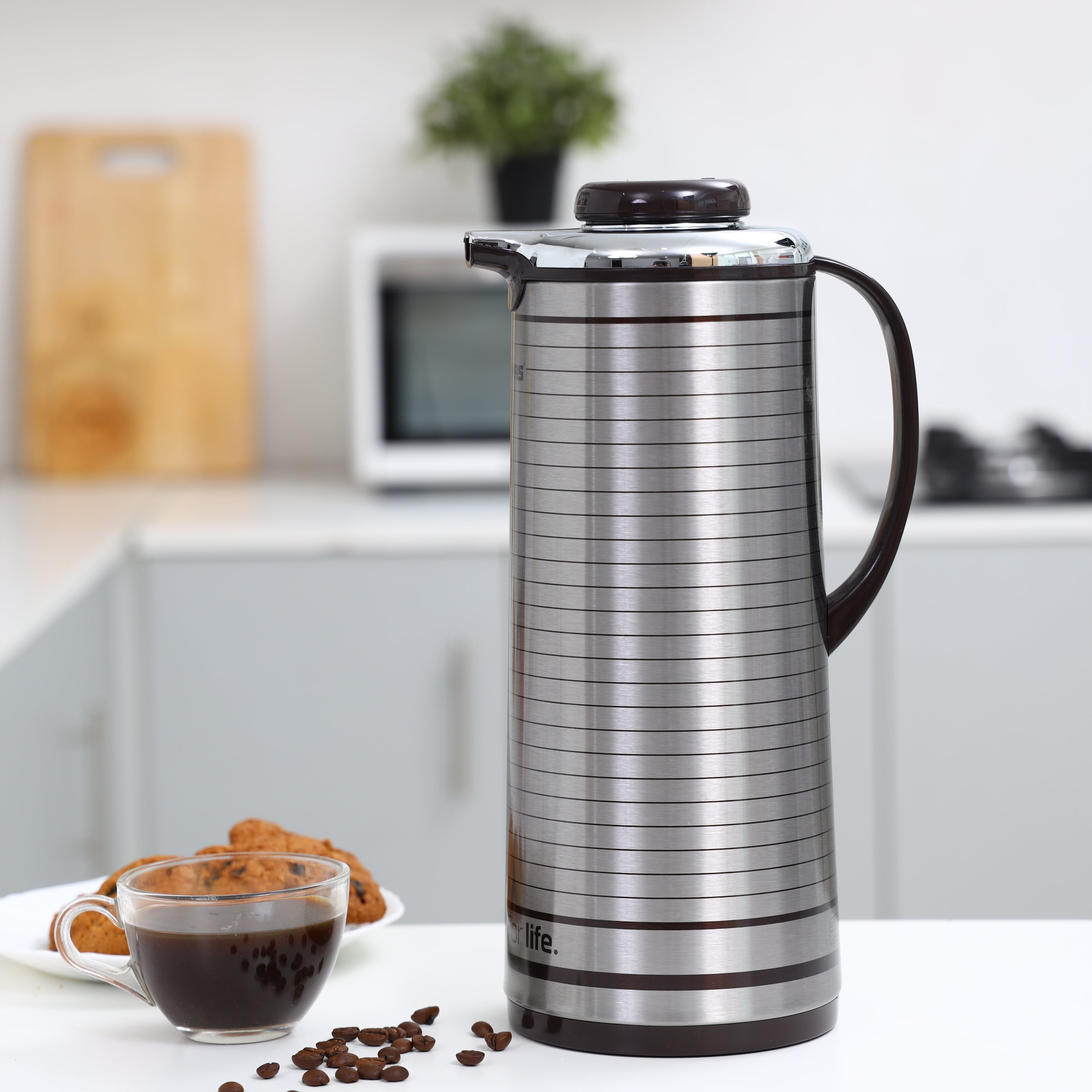 Geepas Vacuum Flask | 1.3L Capacity | Hot & Cold Beverage Insulation | Durable Plastic, Iron, Glass, Silica Gel Material | Mirror & Brown Finish | Leak-Proof Design