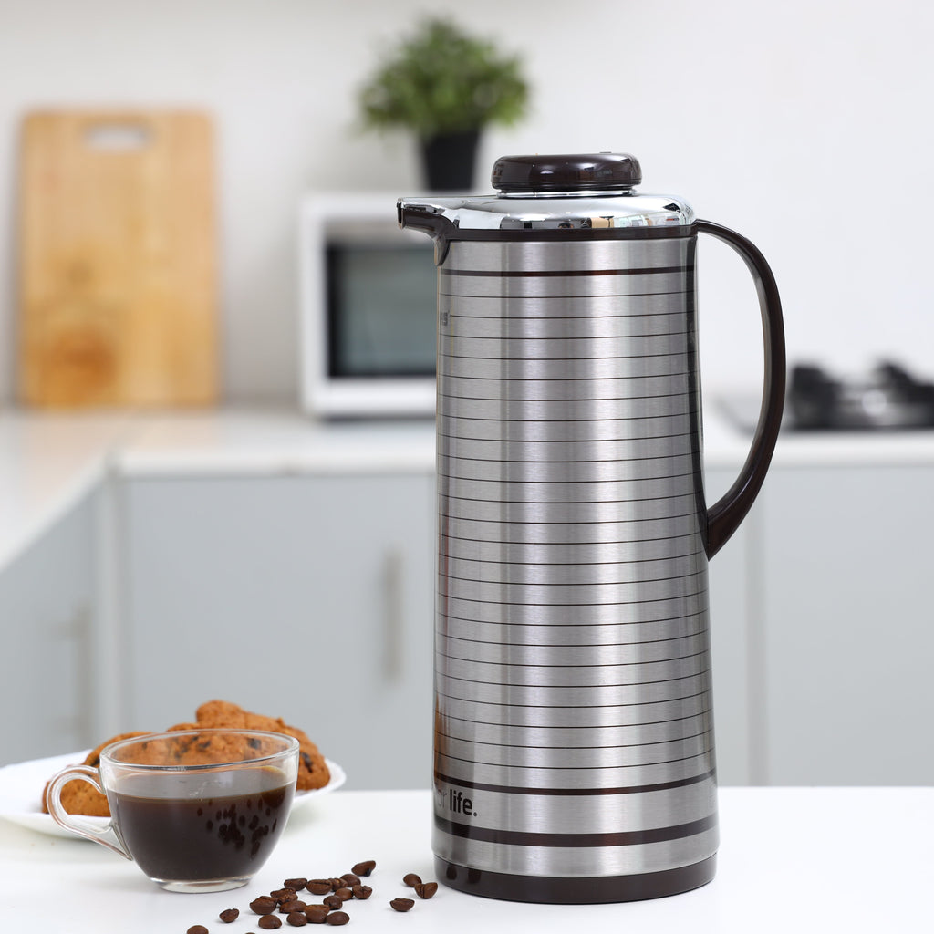 Geepas Vacuum Flask | 1.3L Capacity | Hot & Cold Beverage Insulation | Durable Plastic, Iron, Glass, Silica Gel Material | Mirror & Brown Finish | Leak-Proof Design