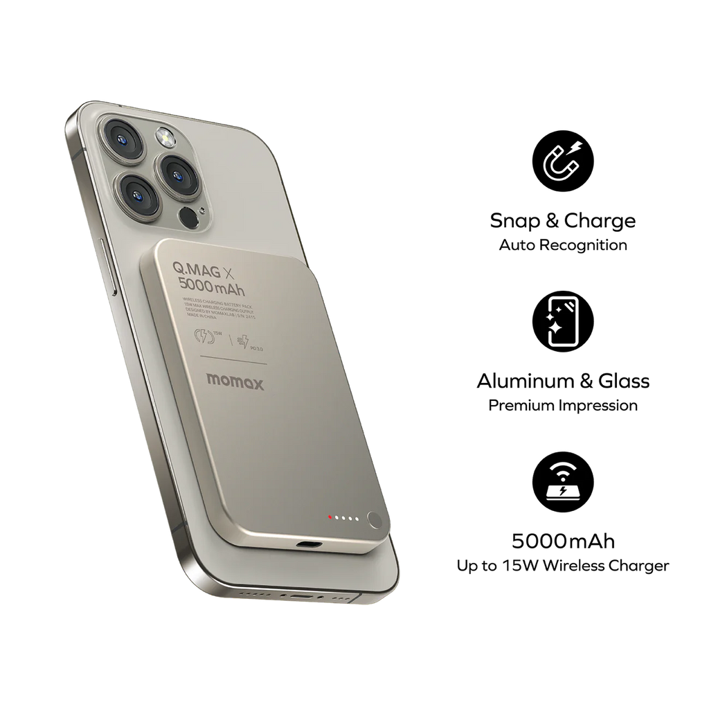 Momax 5000mAh Q.Mag X Magnetic Wireless Battery Ultra Slim | Titanium Gold