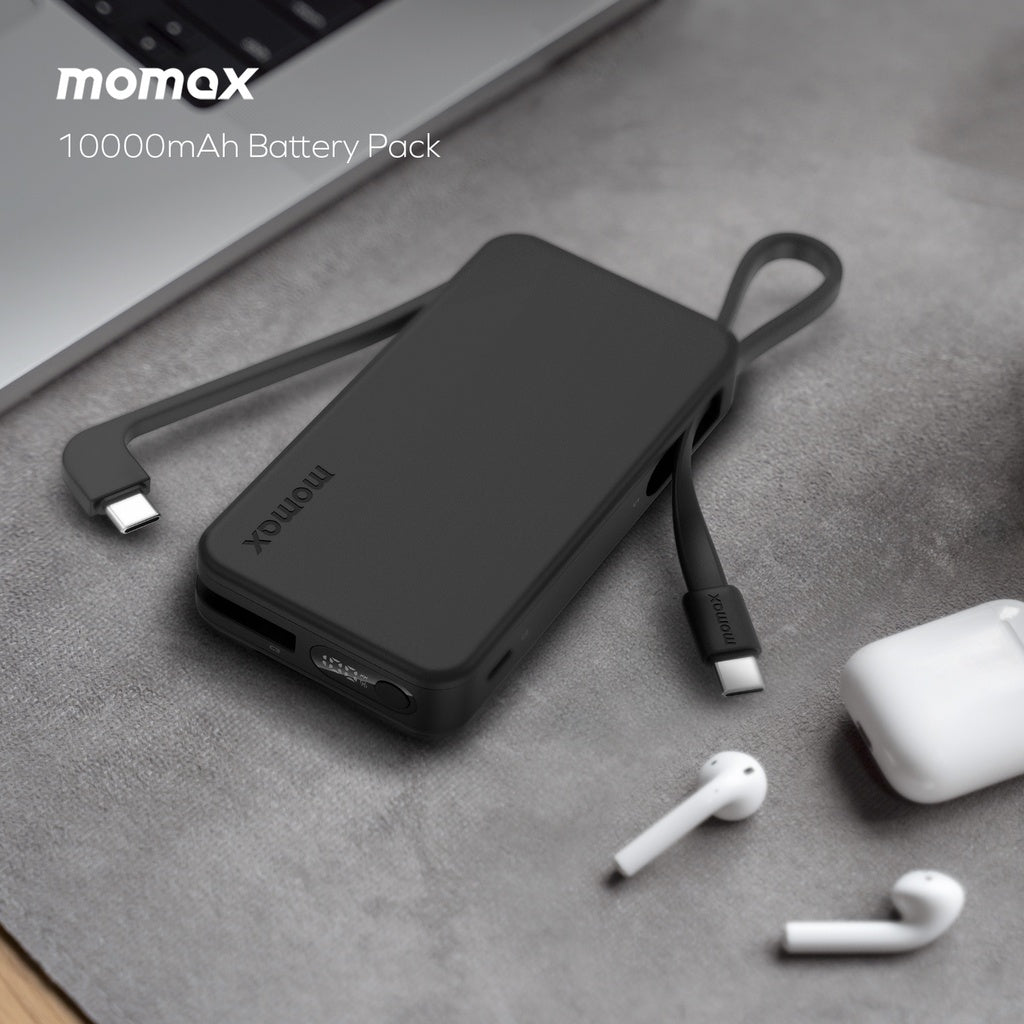 Momax 1-Power Vital Battery Pack 10000mAh With Dual Built-In USB-C Cable | Black