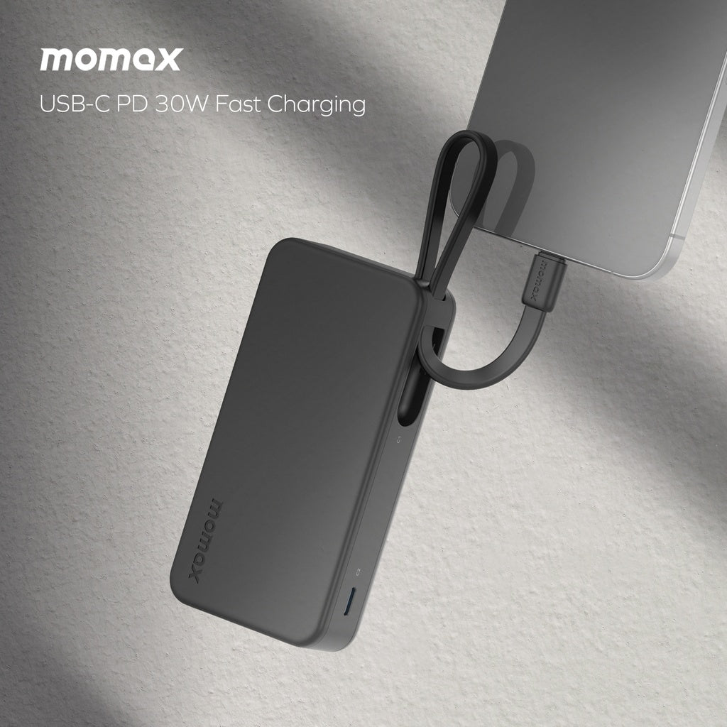 Momax 1-Power Vital Battery Pack 10000mAh With Dual Built-In USB-C Cable | Black
