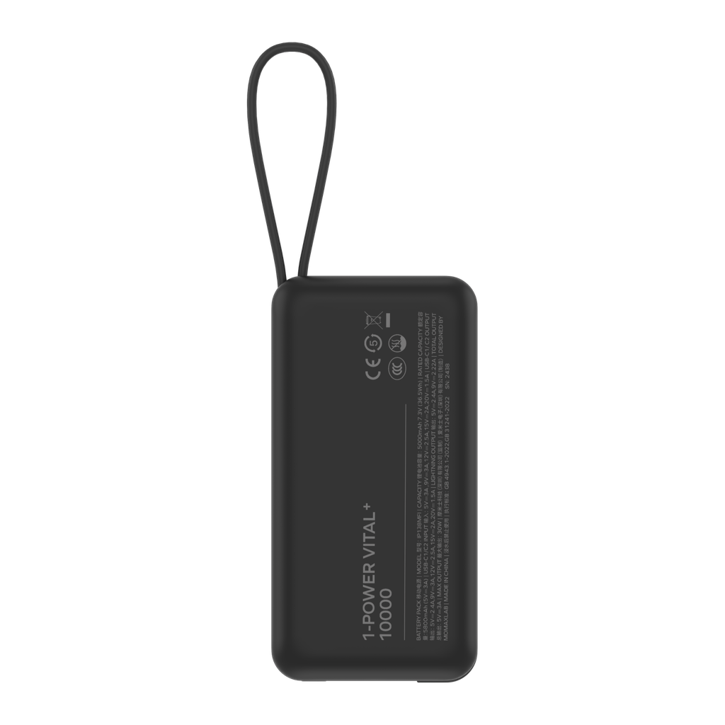 Momax 1-Power Vital Battery Pack 10000mAh With Dual Built-In Usb-C & Lightning Cable | Black