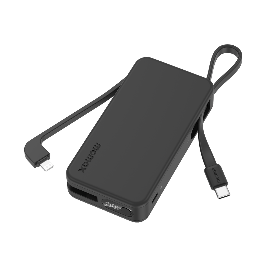 Momax 1-Power Vital Battery Pack 10000mAh With Dual Built-In Usb-C & Lightning Cable | Black