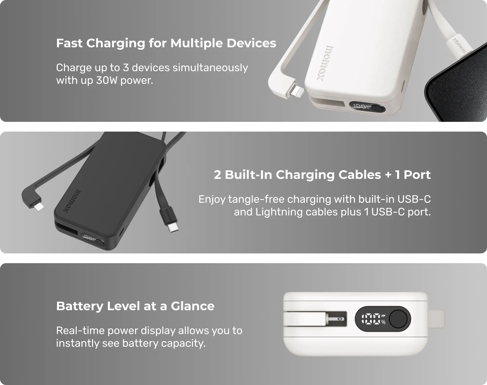 Momax 1-Power Vital Battery Pack 10000mAh With Dual Built-In Usb-C & Lightning Cable | Black