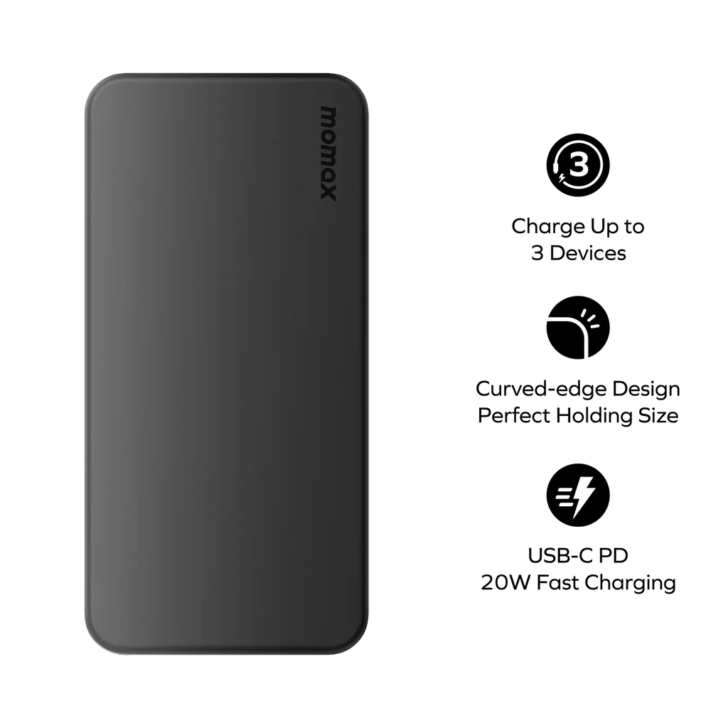 Momax 1-Power Vital Battery Pack 10000mAh With Dual Built-In Usb-C & Lightning Cable | Black