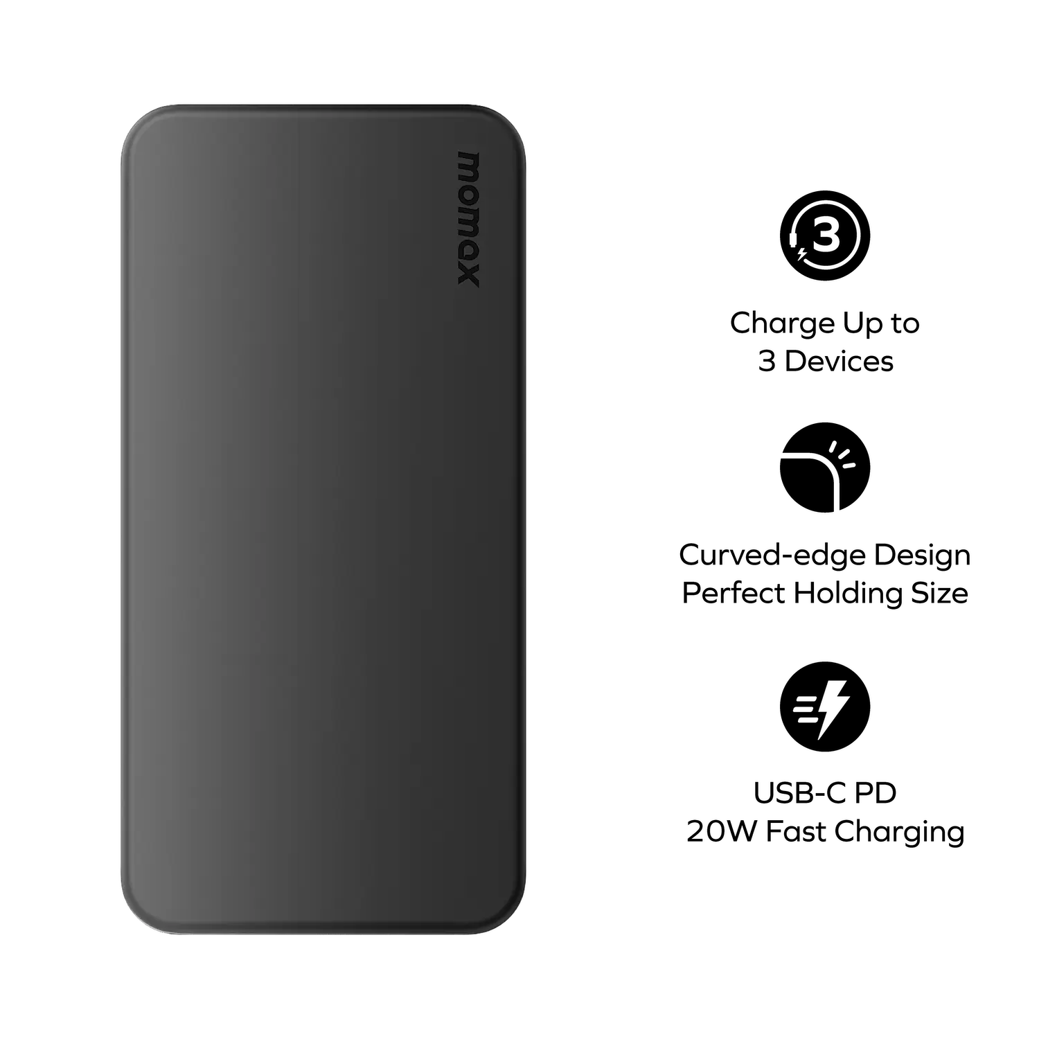 Momax 1-Power Vital Battery Pack 10000mAh With Dual Built-In Usb-C & Lightning Cable | Black