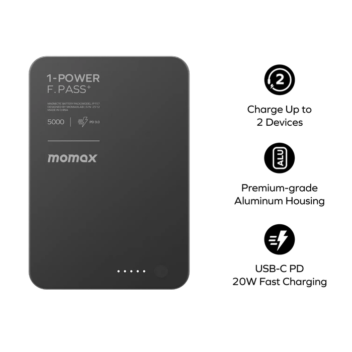 Momax 1-power F.pass 5000mah With Built-in Cable & Magnetic Attachment Ultra Slim Battery Pack | Black