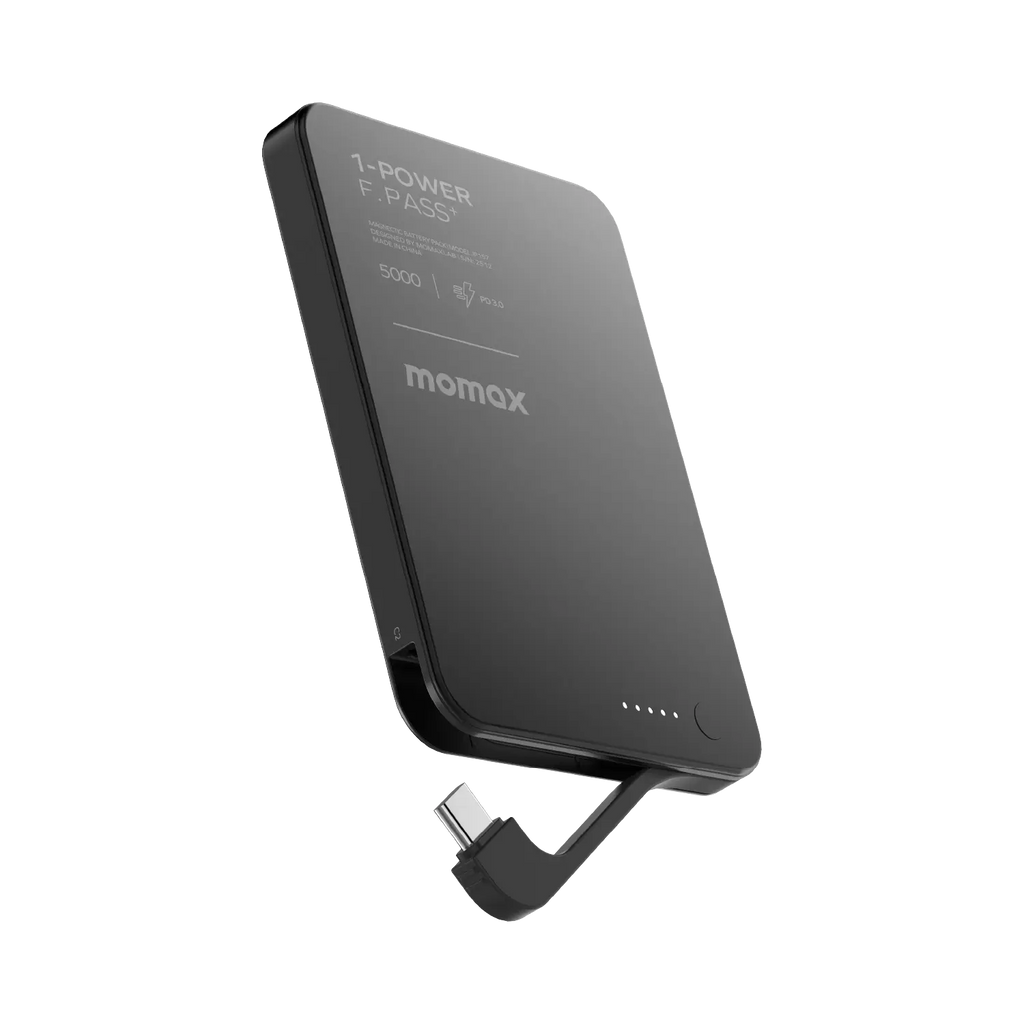 Momax 1-power F.pass 5000mah With Built-in Cable & Magnetic Attachment Ultra Slim Battery Pack | Black