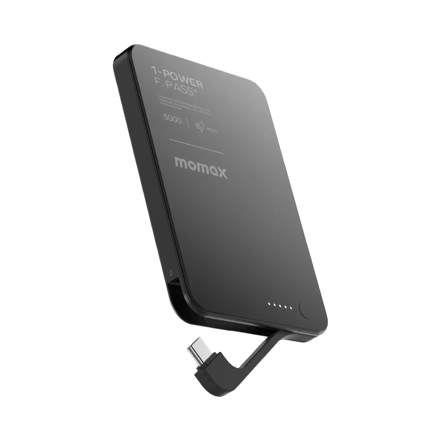 Momax 1-power F.pass 5000mah With Built-in Cable & Magnetic Attachment Ultra Slim Battery Pack | Black
