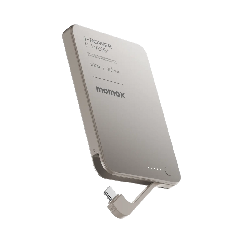 Momax 1-power F.pass 5000mah With Built-in Cable & Magnetic Attachment Ultra Slim Battery Pack | Titanium