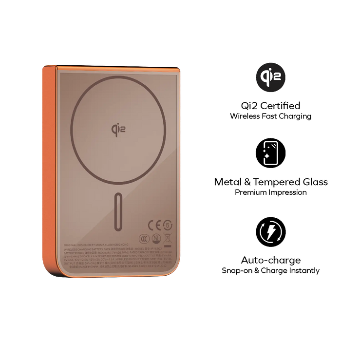 Momax 1-power S.pass 10000mah Qi2 Magnetic Wireless Ultra Slim  Battery Pack | Orange