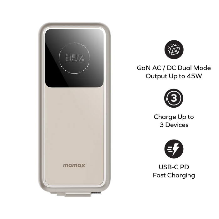 Momax 1-pac 45w 10000mah 3-in-1 Hybrid Gan With Built-in Retractable Cable Battery Pack | Titanium