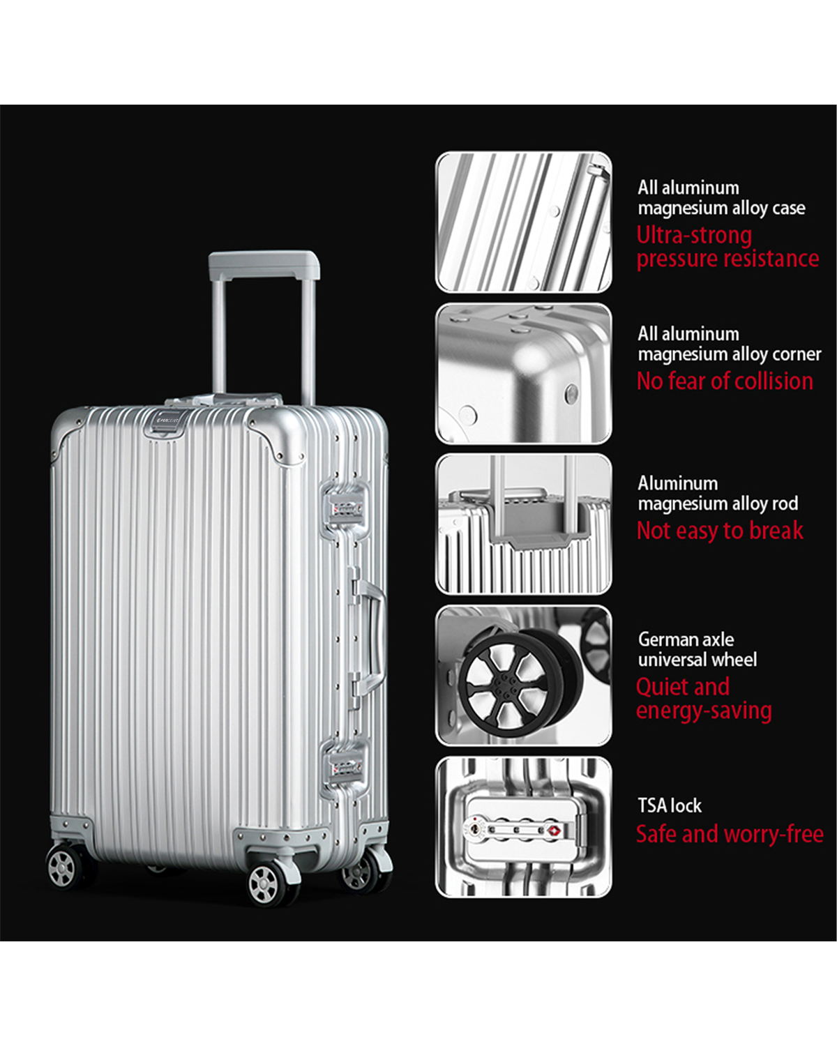 90 Percent Trolly Aluminum Suitcase 4 Wheels 20 Inch | Silver